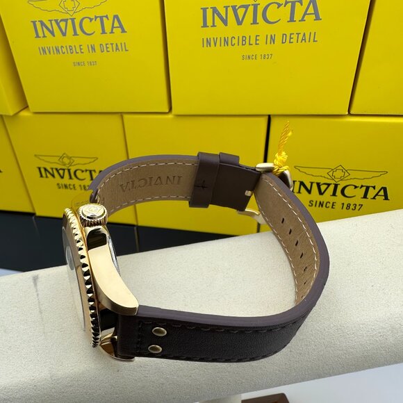 NEW Invicta Pro Diver White Luminous Dial Gold Bezel Leather Strap Watch - Picture 5 of 7